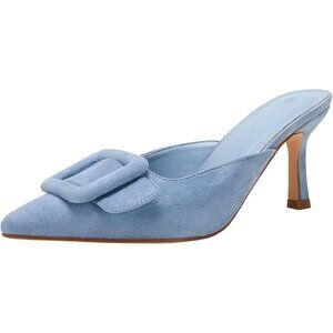 💫 Women Blue Mules Pointed Toe Kitten Heels Suede Buckle Slip On Party Shoes